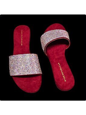 Womens Wine Rhinestone Flat Slide Sandals